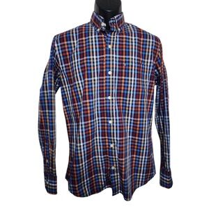 Izod Men’s Button Up Shirt Size Small Long Sleeve Blue Orange Check Cotton Blend